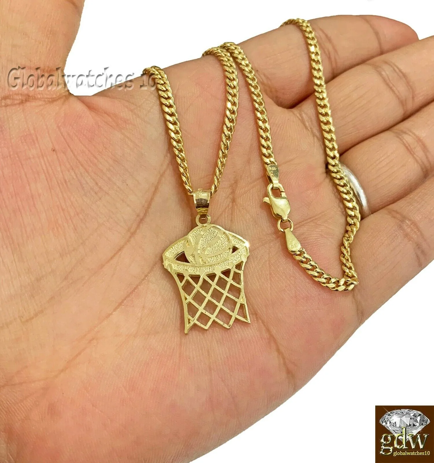 10k Gold Basketball Pendant with Miami Cuban Chain 22" 24" 26" 28" Real