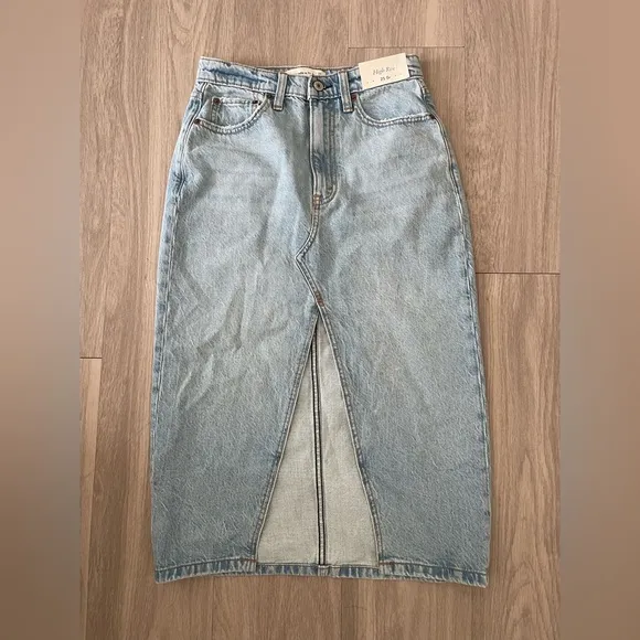Abercrombie &amp; Fitch denim high rise midi cutout skirt in light wash