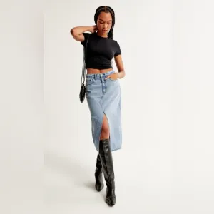 Abercrombie &amp; Fitch denim high rise midi cutout skirt in light wash