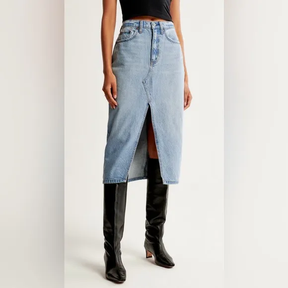 Abercrombie &amp; Fitch denim high rise midi cutout skirt in light wash