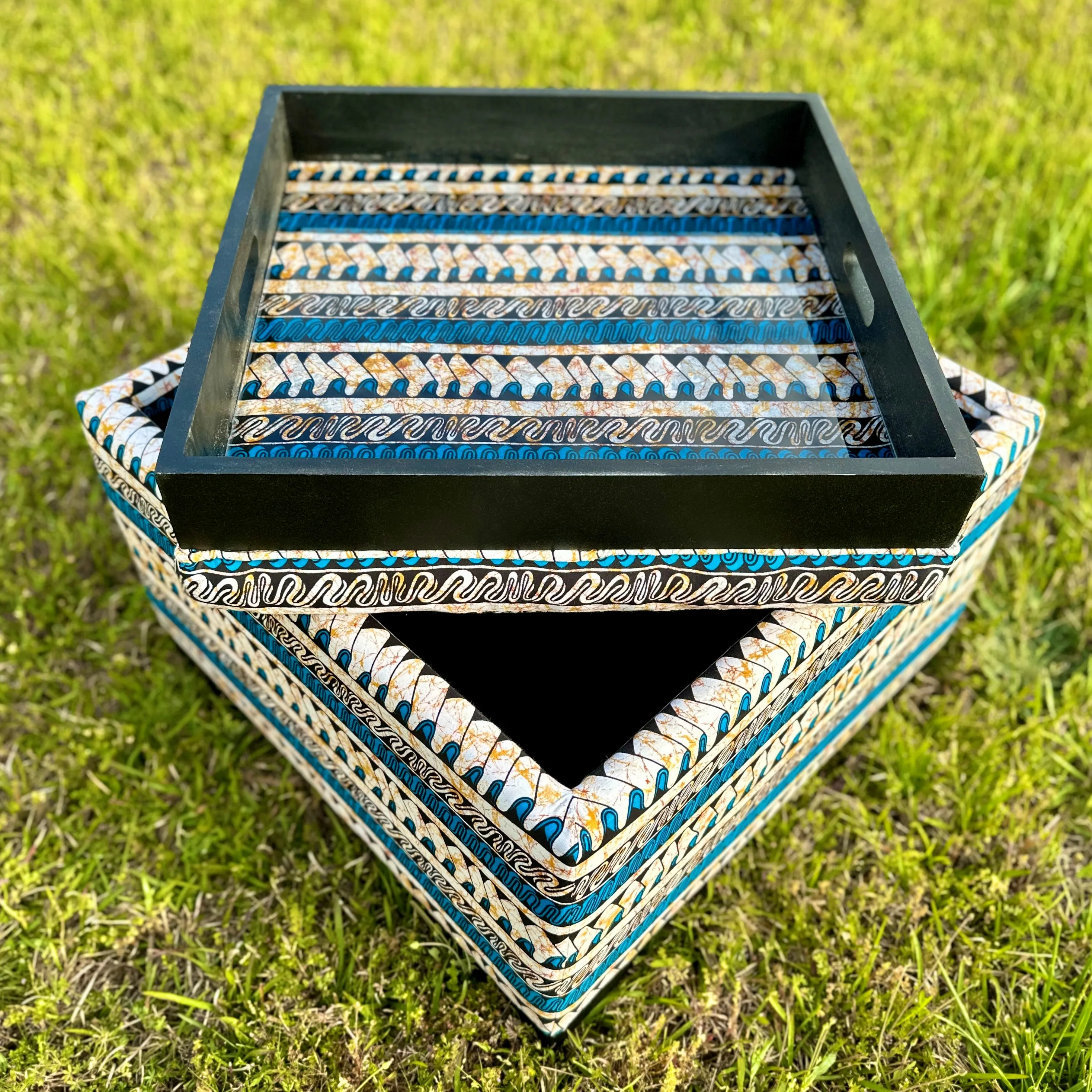 African Fusion Upholstered Storage Ottoman with Serving Tray