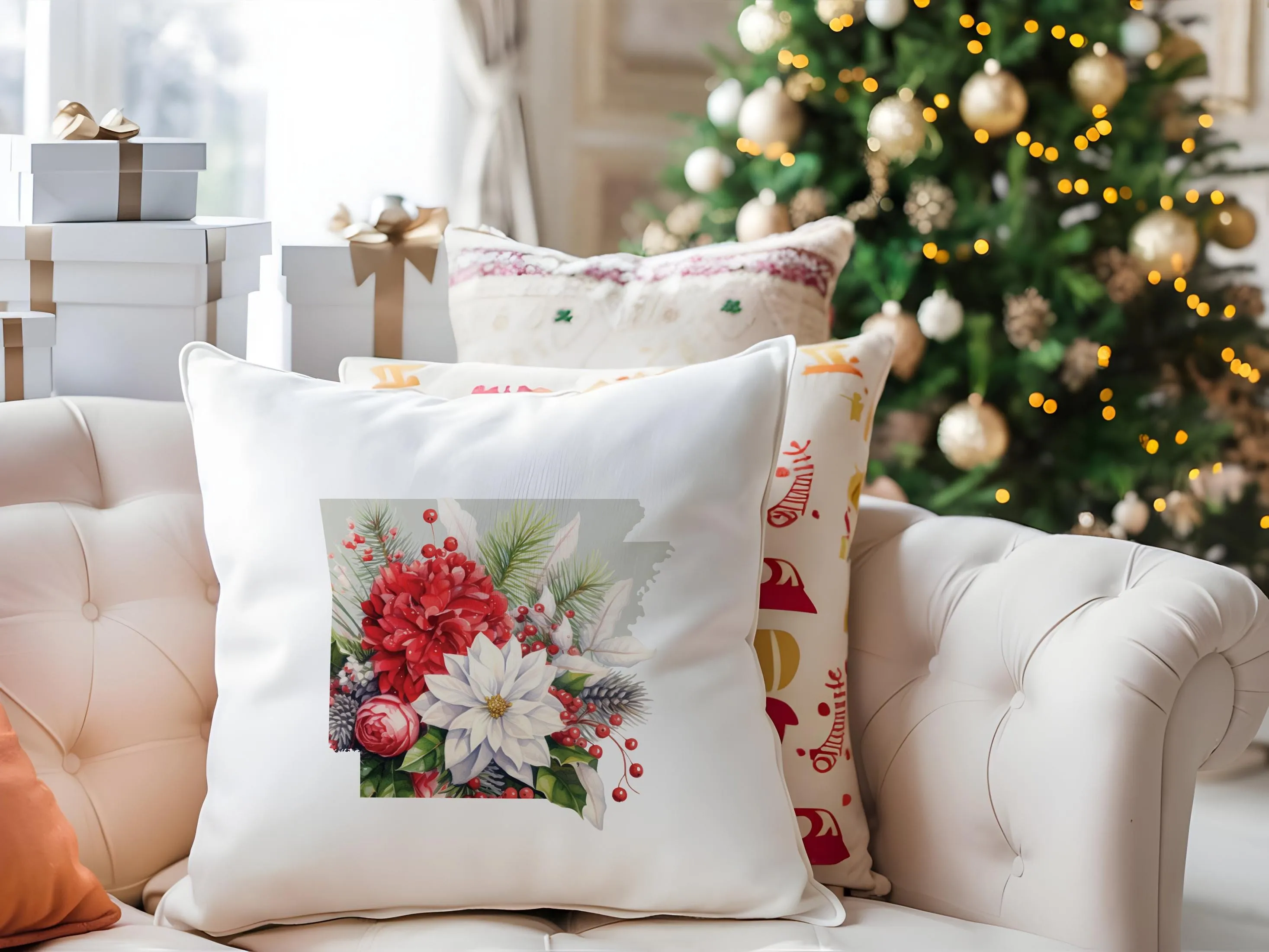 Arkansas Christmas Pillow - Jolly Arkansas Cheer 18x18 Square Pillow with Holiday Florals & Festive Plaid Décor