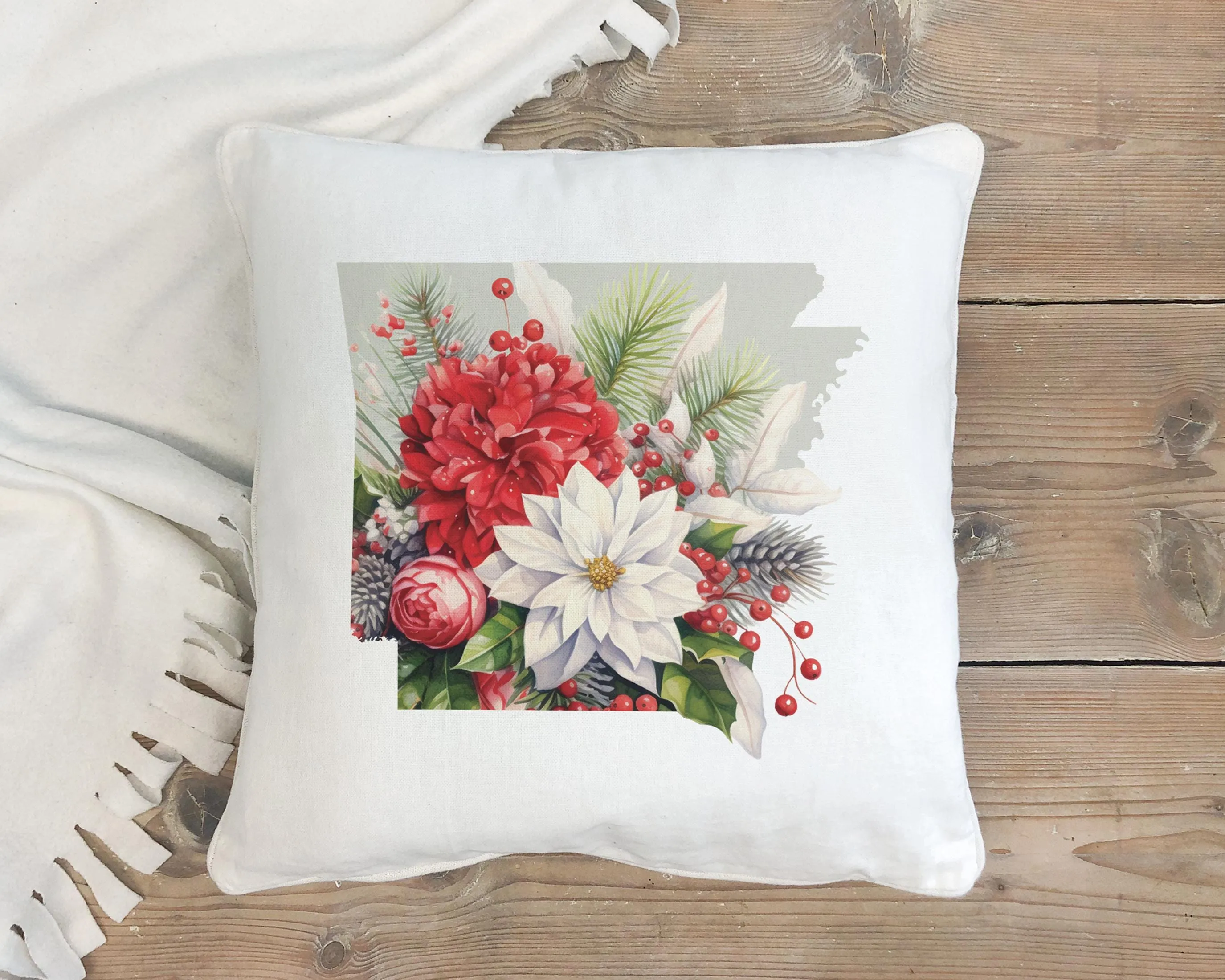 Arkansas Christmas Pillow - Jolly Arkansas Cheer 18x18 Square Pillow with Holiday Florals & Festive Plaid Décor