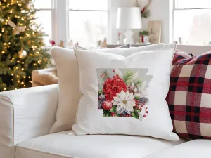 Arkansas Christmas Pillow - Jolly Arkansas Cheer 18x18 Square Pillow with Holiday Florals & Festive Plaid Décor