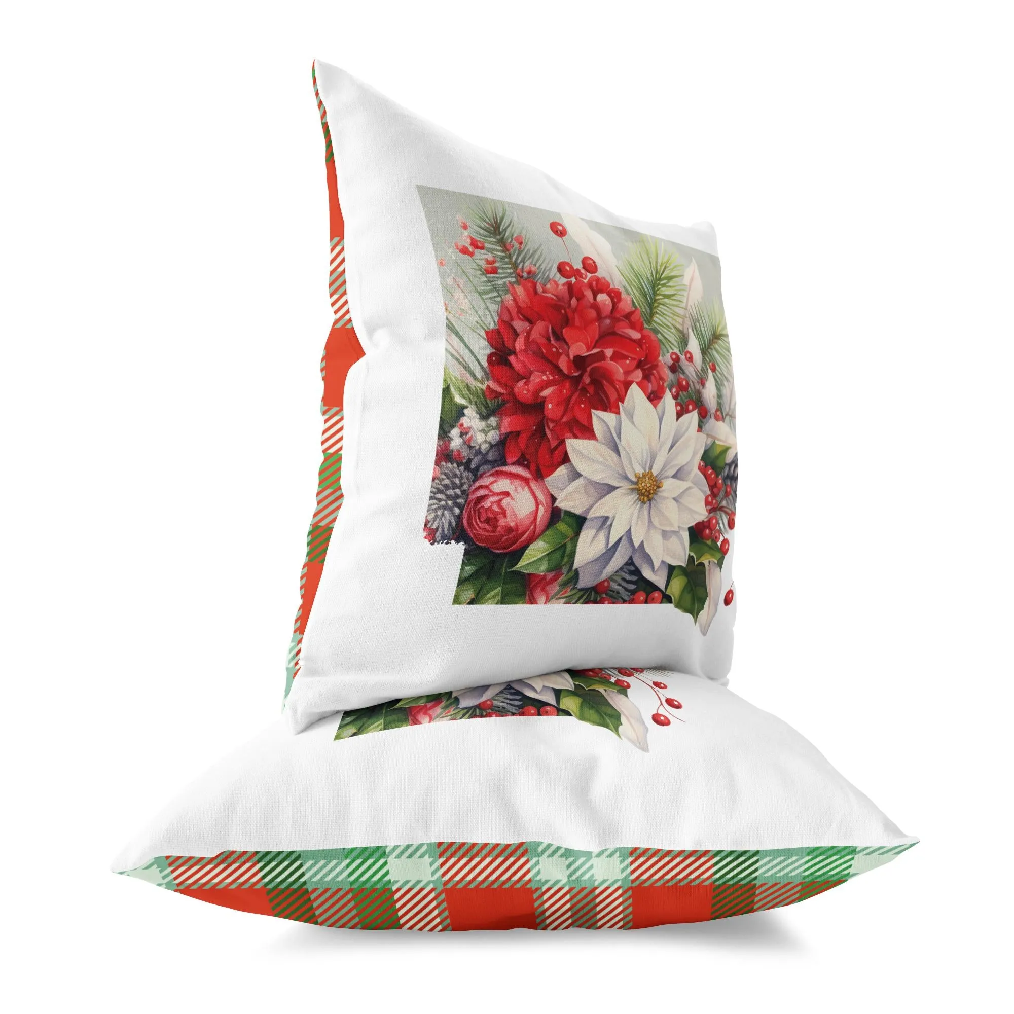 Arkansas Christmas Pillow - Jolly Arkansas Cheer 18x18 Square Pillow with Holiday Florals & Festive Plaid Décor