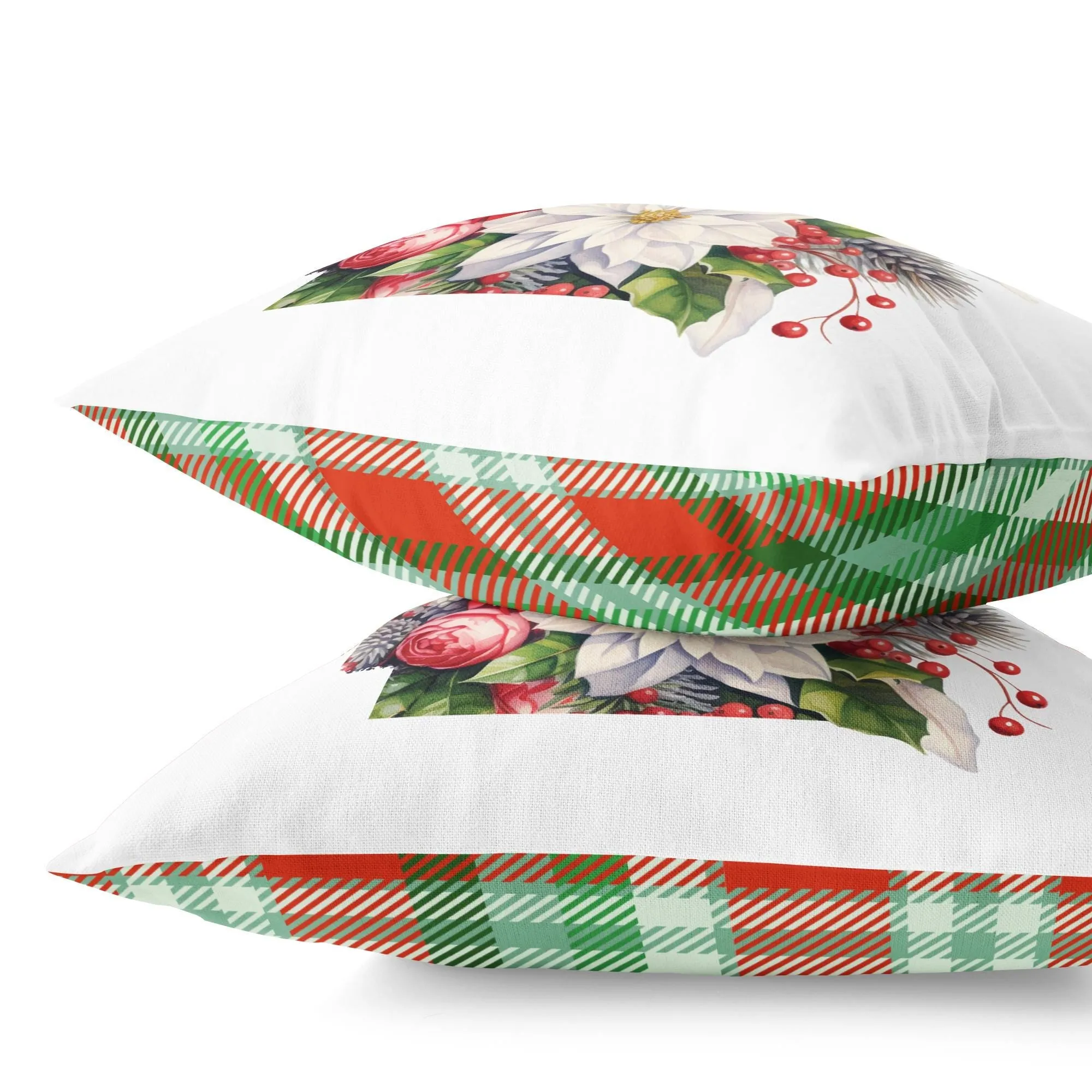 Arkansas Christmas Pillow - Jolly Arkansas Cheer 18x18 Square Pillow with Holiday Florals & Festive Plaid Décor