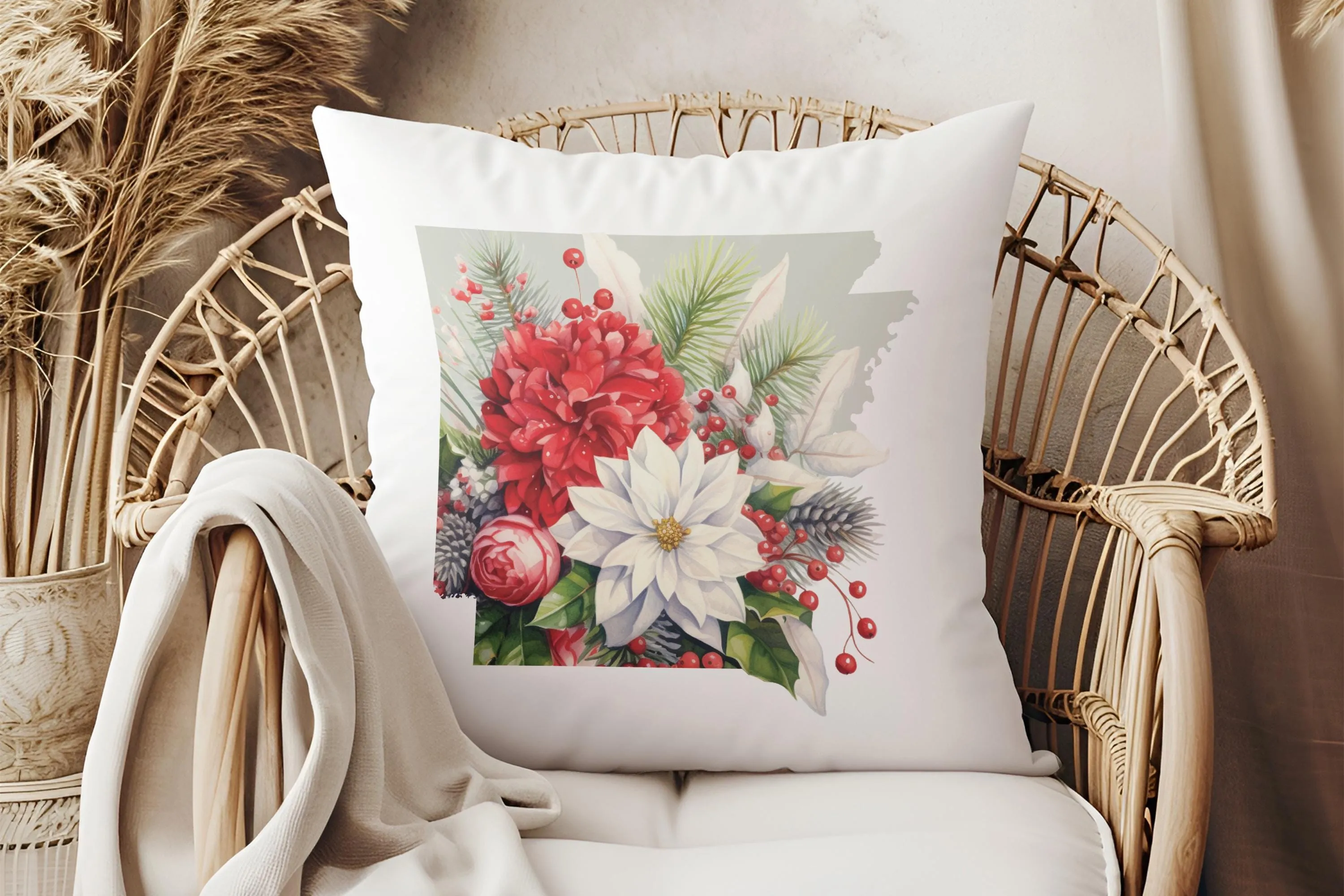 Arkansas Christmas Pillow - Jolly Arkansas Cheer 18x18 Square Pillow with Holiday Florals & Festive Plaid Décor