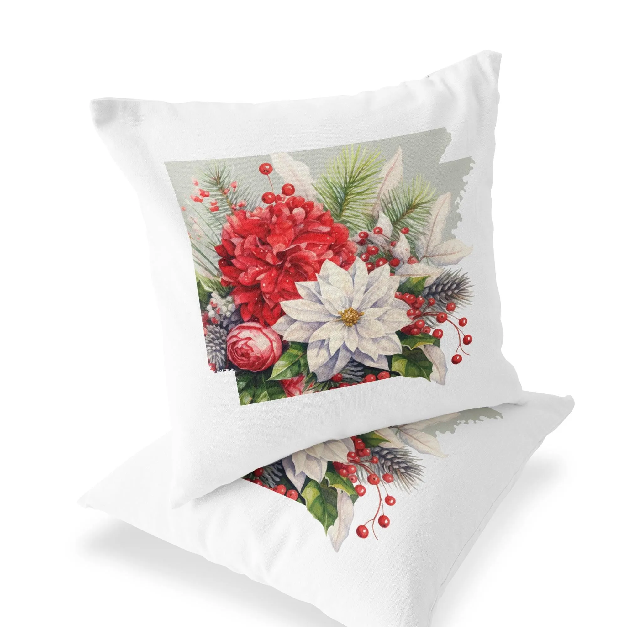 Arkansas Christmas Pillow - Jolly Arkansas Cheer 18x18 Square Pillow with Holiday Florals & Festive Plaid Décor