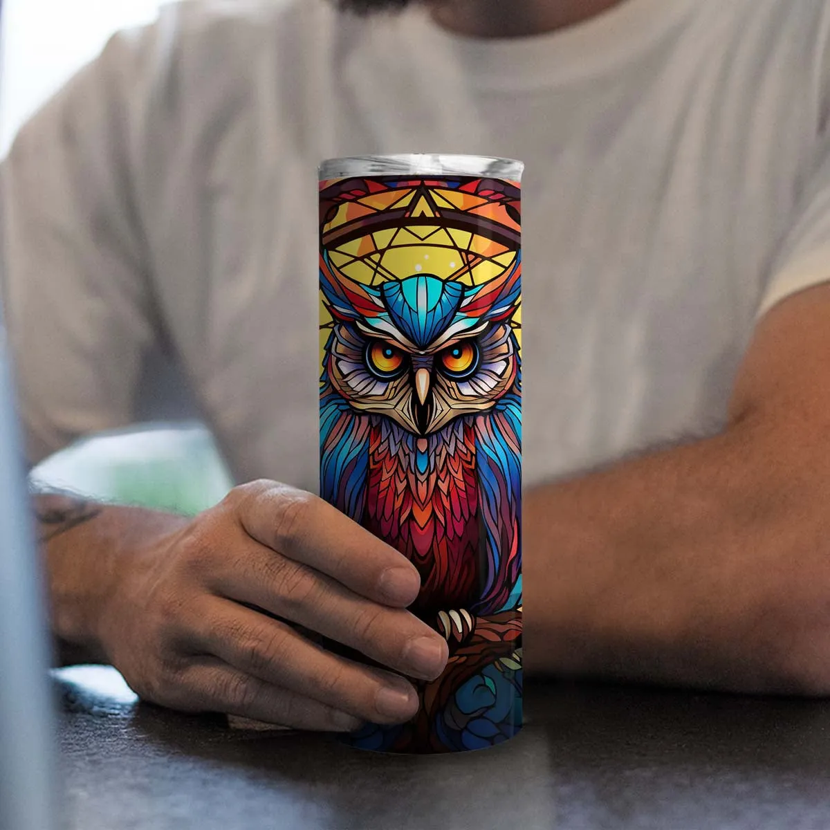 Beautiful Owl In Stained Glass 20oz Skinny Tumbler, Owl Lover, Outdoors Tumbler, Vibrant Tumbler, Trending Tumbler