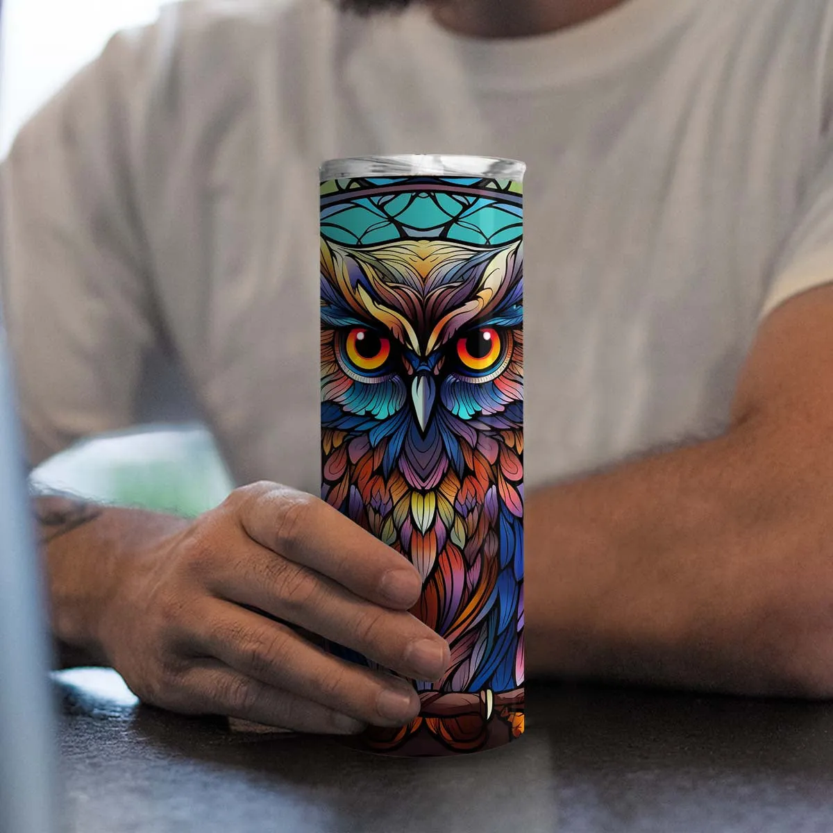 Beautiful Owl In Stained Glass 20oz Skinny Tumbler, Owl Lover, Outdoors Tumbler, Vibrant Tumbler, Trending Tumbler