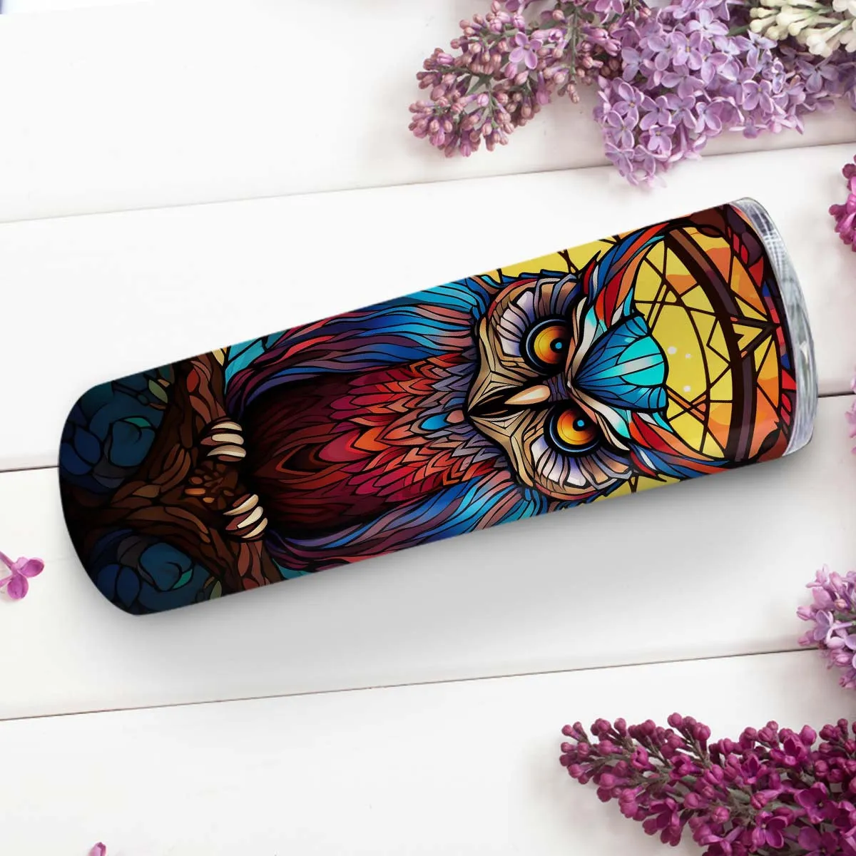 Beautiful Owl In Stained Glass 20oz Skinny Tumbler, Owl Lover, Outdoors Tumbler, Vibrant Tumbler, Trending Tumbler