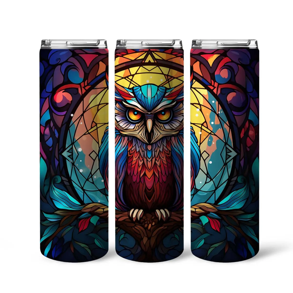 Beautiful Owl In Stained Glass 20oz Skinny Tumbler, Owl Lover, Outdoors Tumbler, Vibrant Tumbler, Trending Tumbler