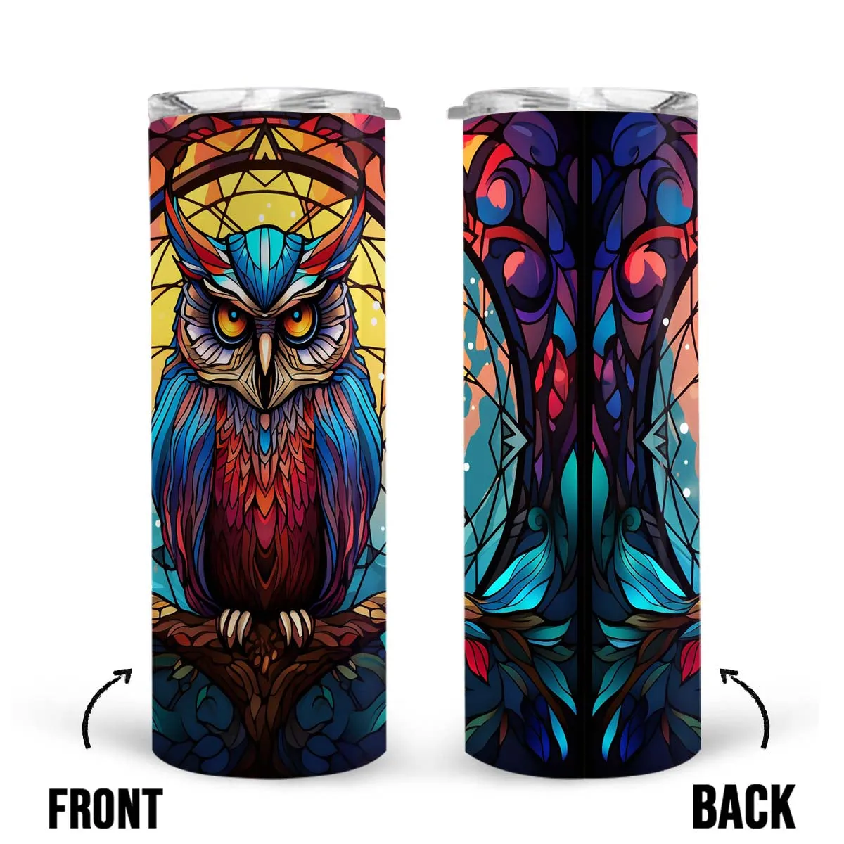 Beautiful Owl In Stained Glass 20oz Skinny Tumbler, Owl Lover, Outdoors Tumbler, Vibrant Tumbler, Trending Tumbler