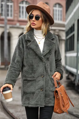 BerryBetty - Grey Mid Length Notched Lapel Fleece Coat