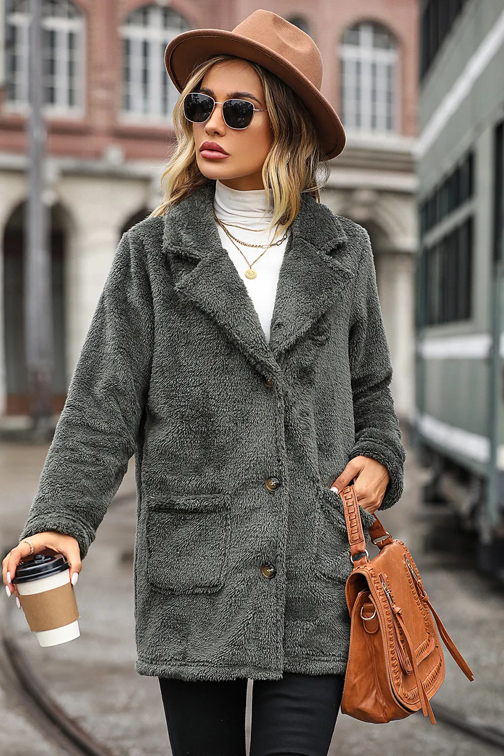 BerryBetty - Grey Mid Length Notched Lapel Fleece Coat