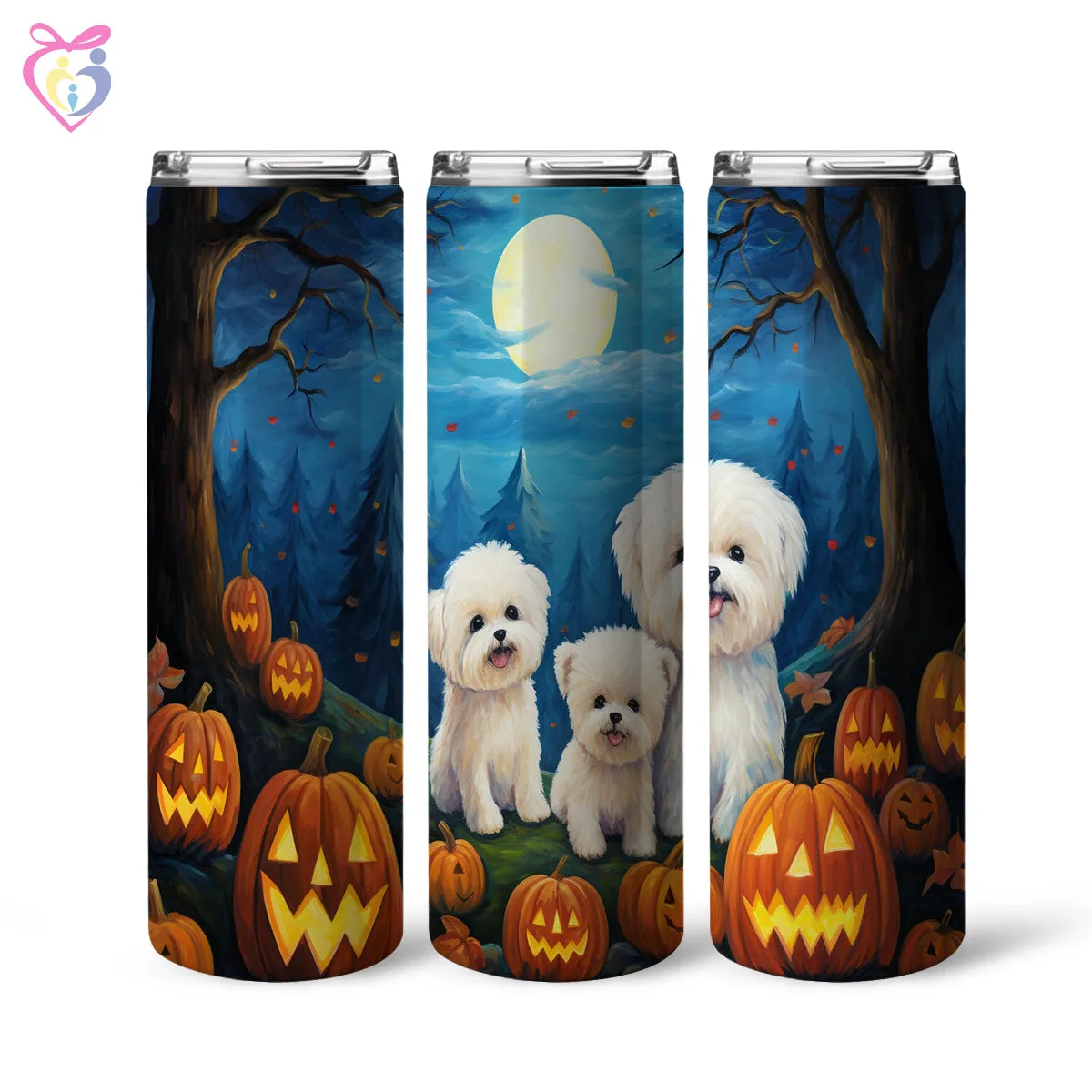Bichons Frises Halloween With Pumpkin 20oz Skinny Tumbler, Holiday Skinny Tumbler, For Dog Lovers, Vibrant Tumbler, Trending Tumbler