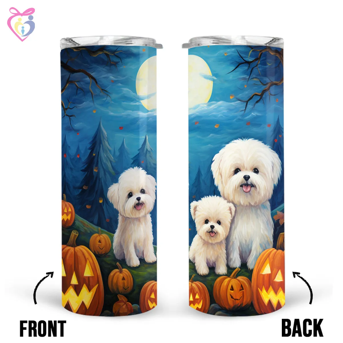 Bichons Frises Halloween With Pumpkin 20oz Skinny Tumbler, Holiday Skinny Tumbler, For Dog Lovers, Vibrant Tumbler, Trending Tumbler