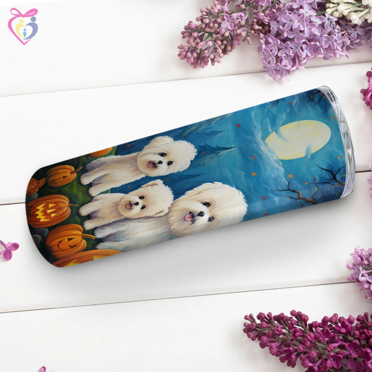 Bichons Frises Halloween With Pumpkin 20oz Skinny Tumbler, Holiday Skinny Tumbler, For Dog Lovers, Vibrant Tumbler, Trending Tumbler