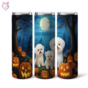 Bichons Frises Halloween With Pumpkin 20oz Skinny Tumbler, Holiday Skinny Tumbler, For Dog Lovers, Vibrant Tumbler, Trending Tumbler