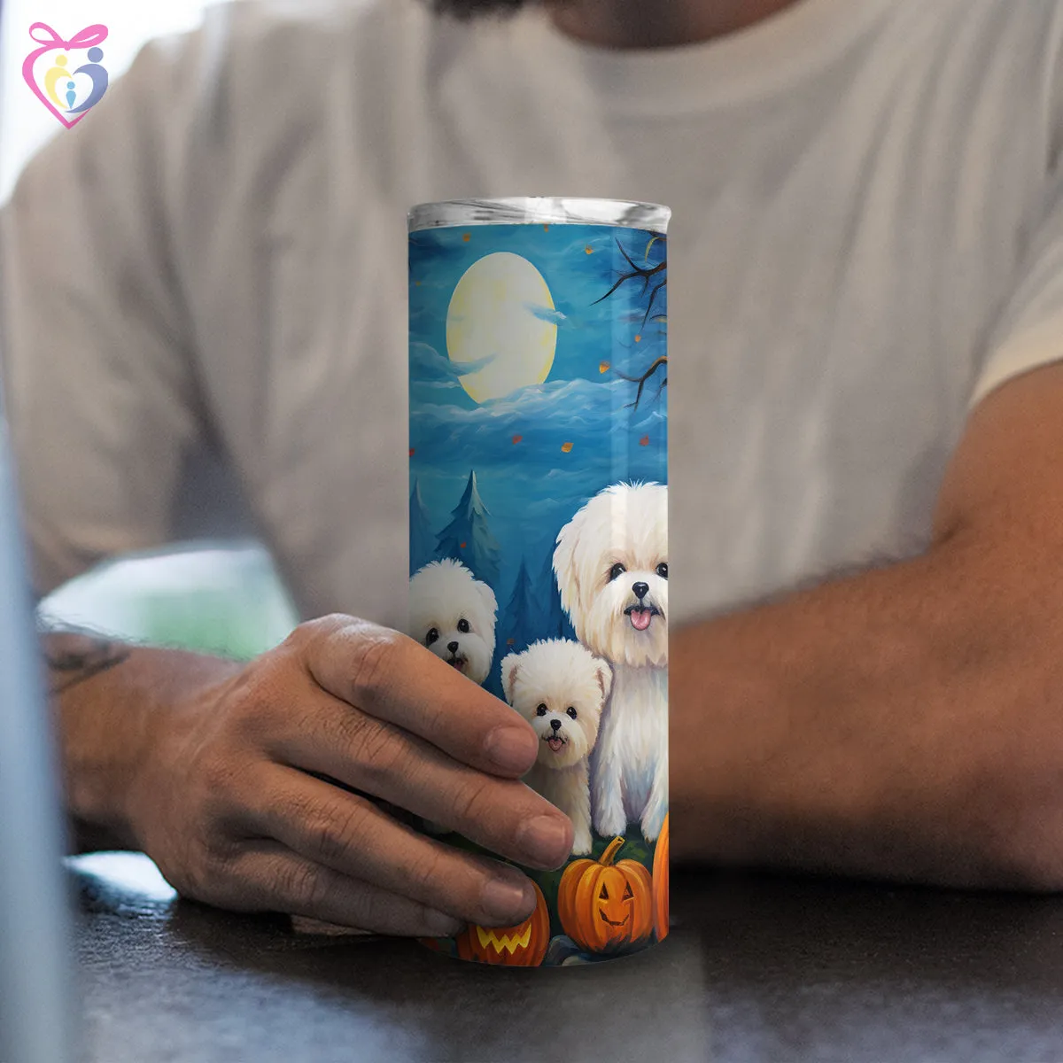 Bichons Frises Halloween With Pumpkin 20oz Skinny Tumbler, Holiday Skinny Tumbler, For Dog Lovers, Vibrant Tumbler, Trending Tumbler