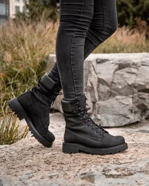 Black Nubuck Leather Allegro Ankle Rugged Lace Up Combat Hiking Boots with Chunky Track Sole - Boots