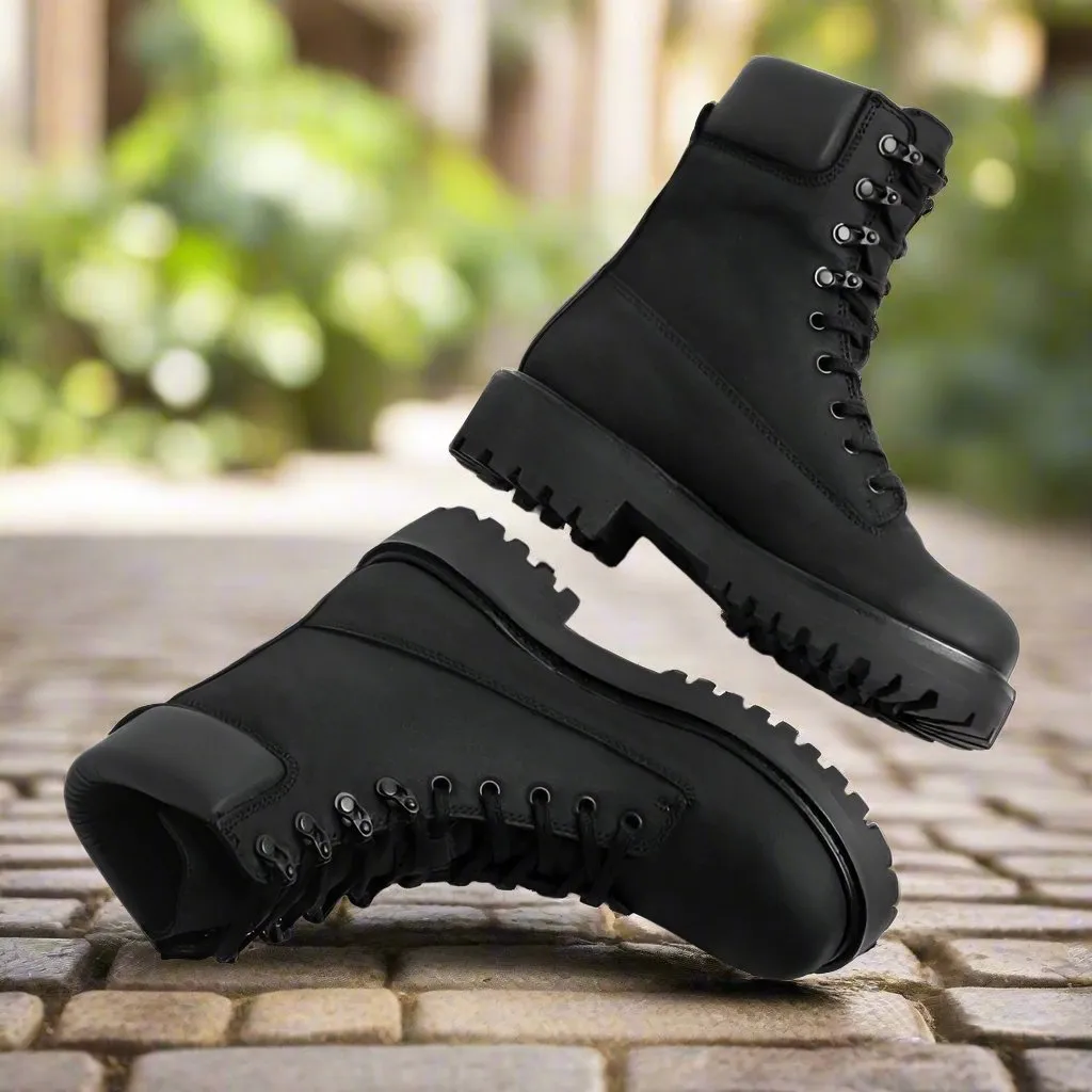 Black Nubuck Leather Allegro Ankle Rugged Lace Up Combat Hiking Boots with Chunky Track Sole - Boots