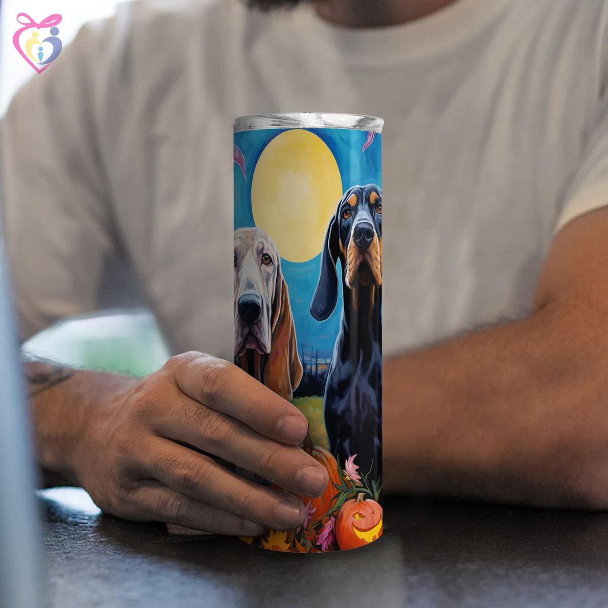 Bloodhounds Halloween With Pumpkin 20oz Skinny Tumbler, Holiday Skinny Tumbler, For Dog Lovers, Vibrant Tumbler, Trending Tumbler