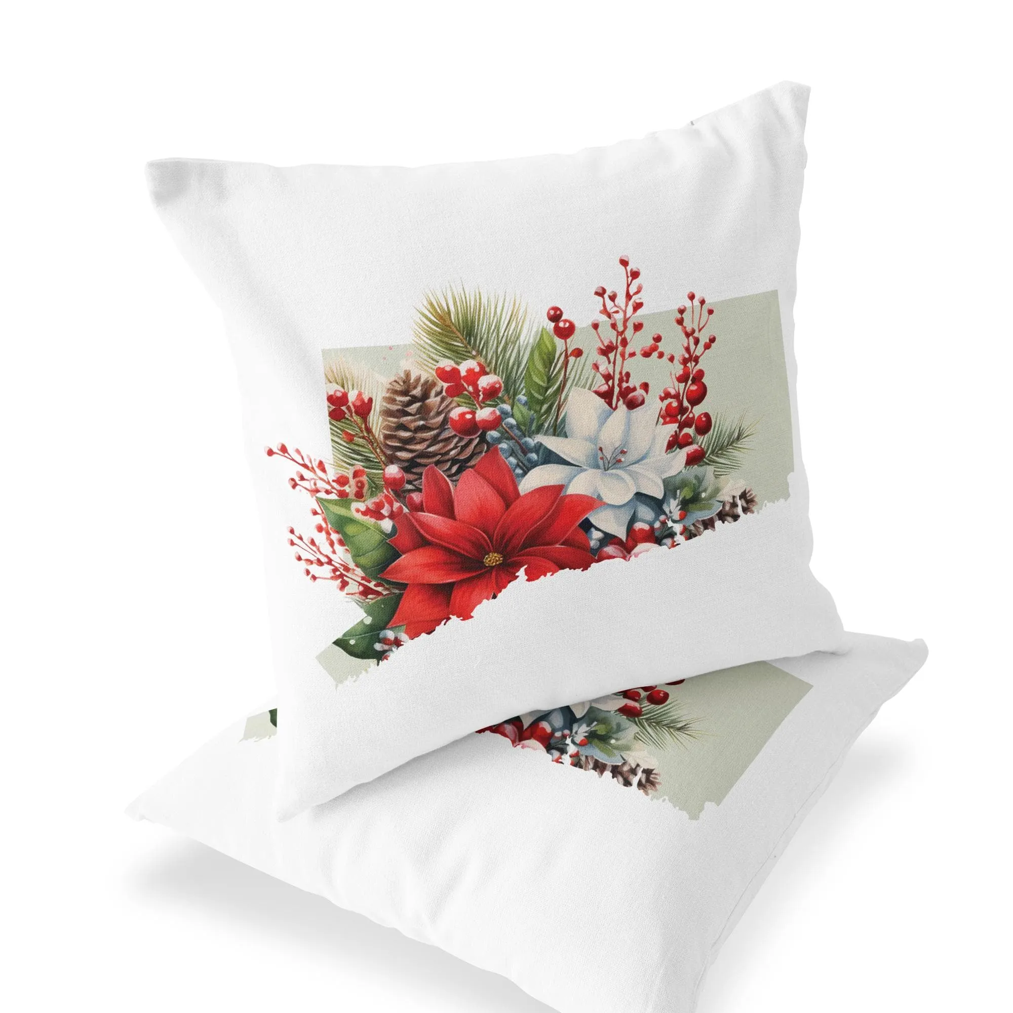 Christmas Pillow - Connecticut Holiday Floral & Festive Plaid 18x18 Square Cushion, Cozy Seasonal Home Decor, Perfect Gift