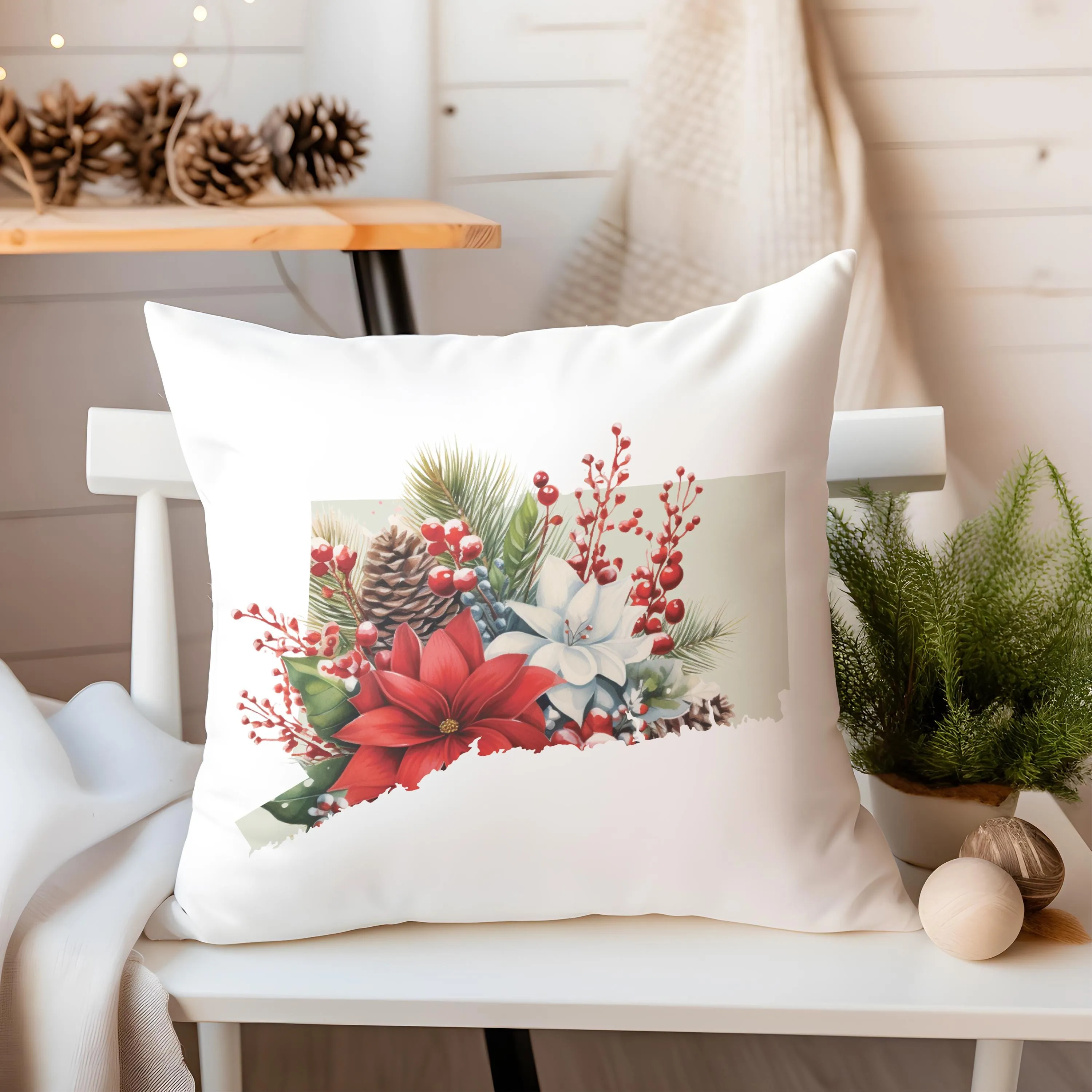 Christmas Pillow - Connecticut Holiday Floral & Festive Plaid 18x18 Square Cushion, Cozy Seasonal Home Decor, Perfect Gift