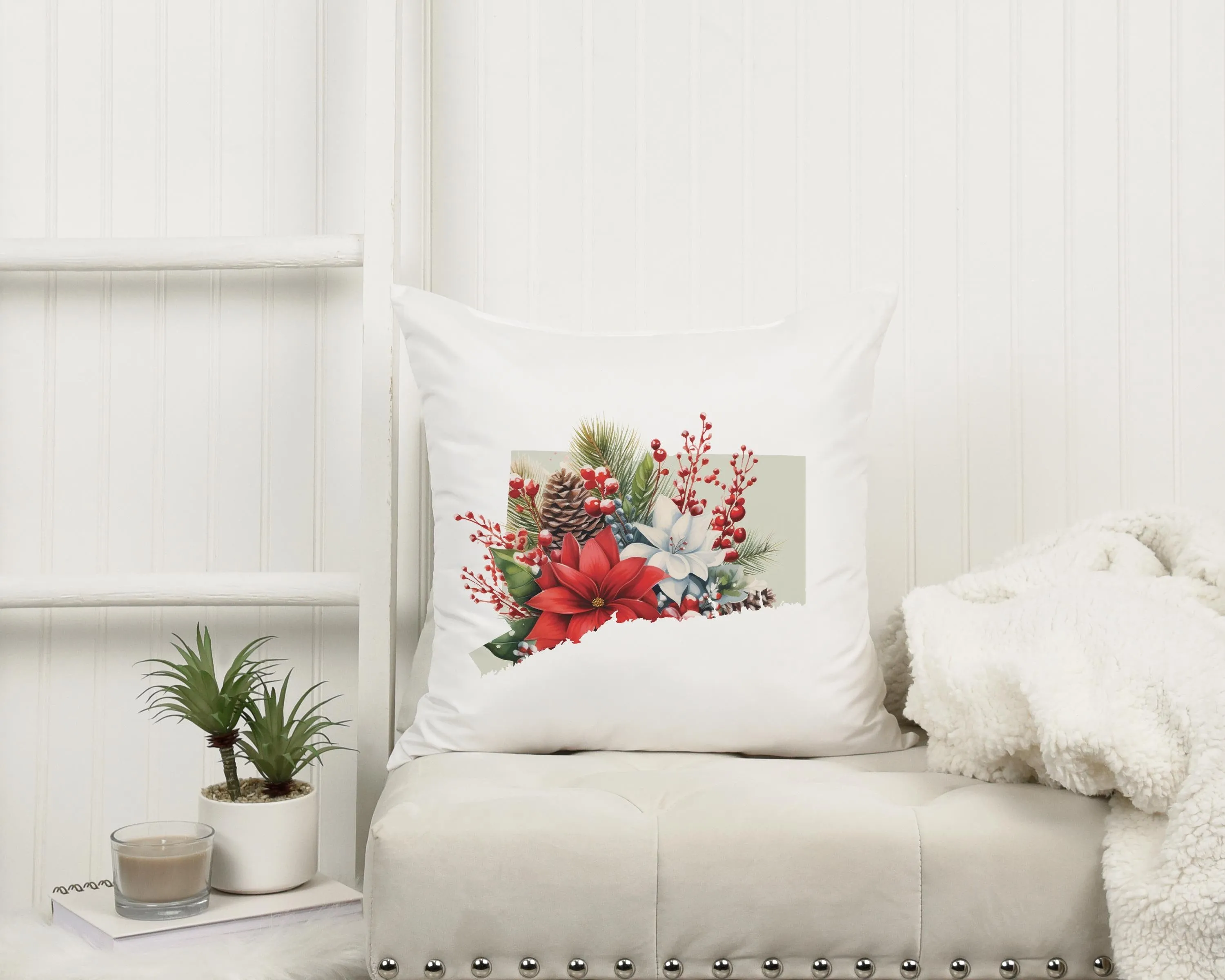 Christmas Pillow - Connecticut Holiday Floral & Festive Plaid 18x18 Square Cushion, Cozy Seasonal Home Decor, Perfect Gift