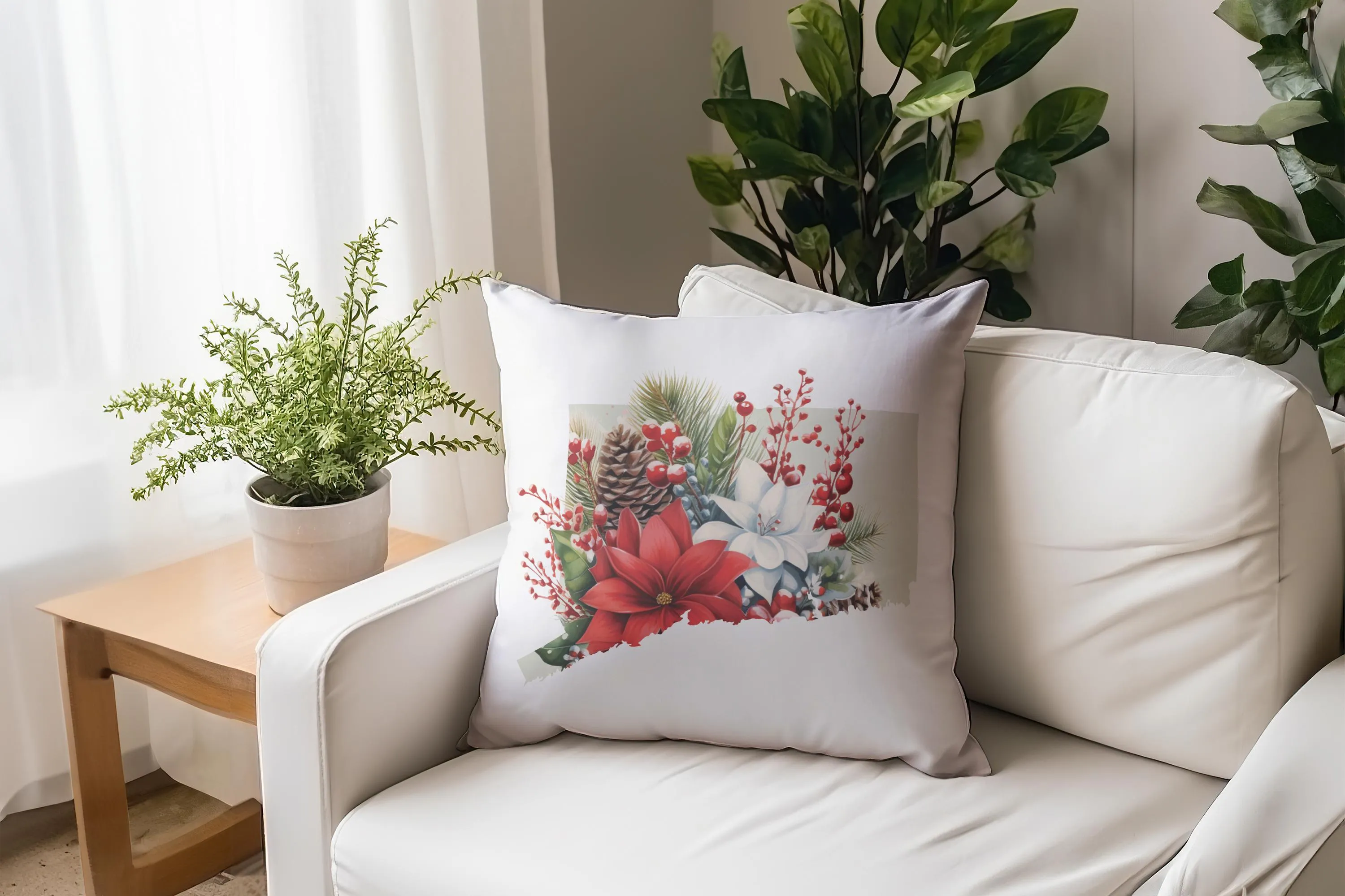 Christmas Pillow - Connecticut Holiday Floral & Festive Plaid 18x18 Square Cushion, Cozy Seasonal Home Decor, Perfect Gift