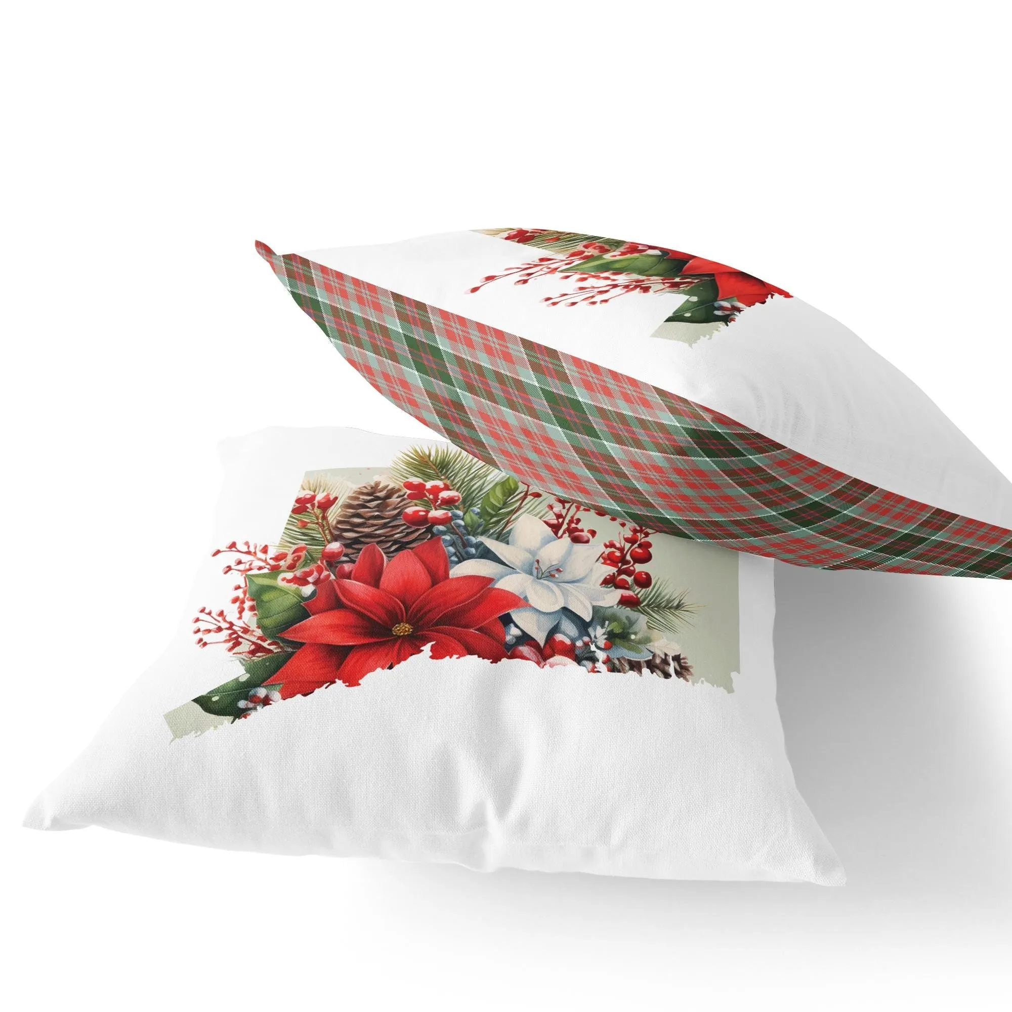 Christmas Pillow - Connecticut Holiday Floral & Festive Plaid 18x18 Square Cushion, Cozy Seasonal Home Decor, Perfect Gift