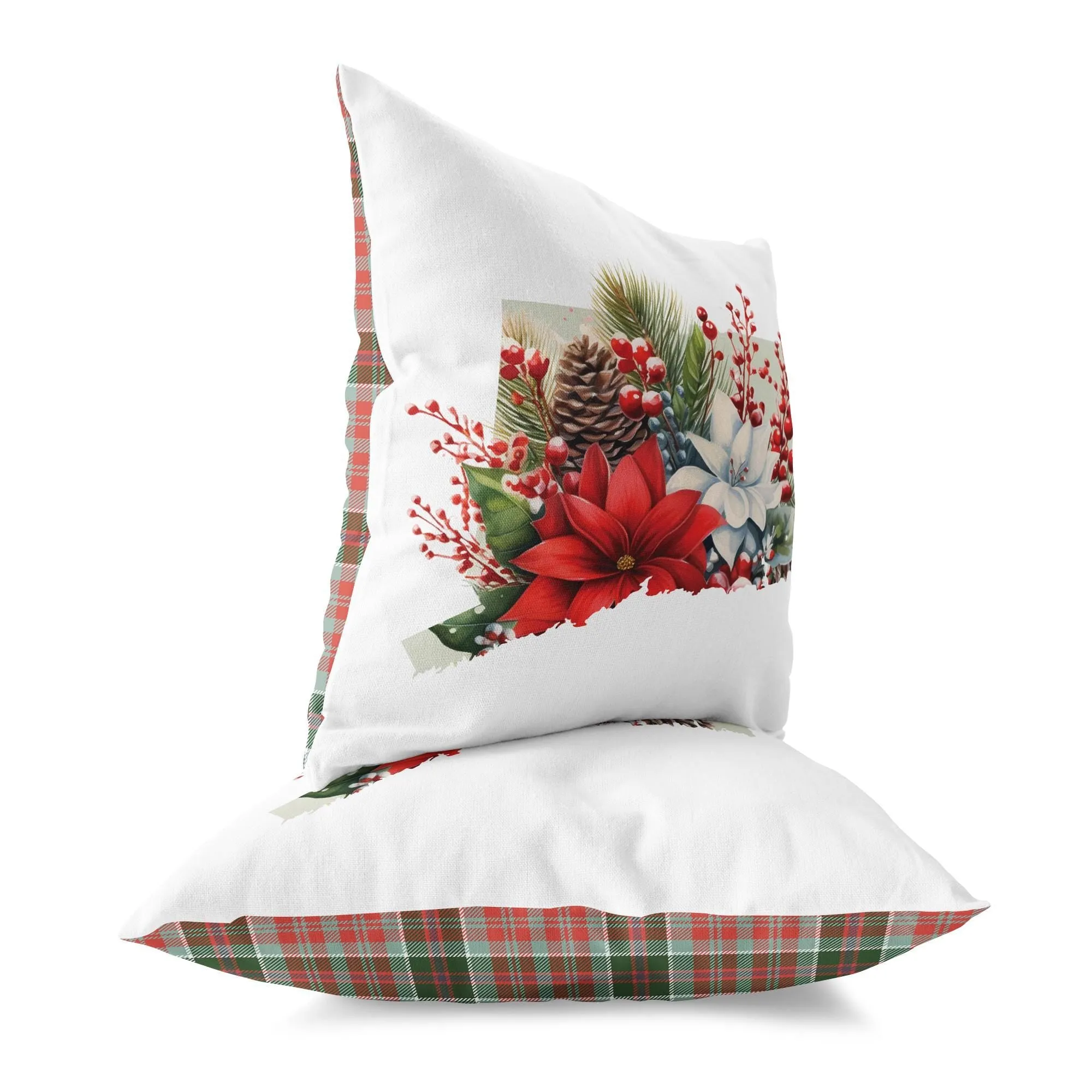 Christmas Pillow - Connecticut Holiday Floral & Festive Plaid 18x18 Square Cushion, Cozy Seasonal Home Decor, Perfect Gift