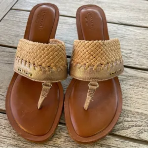 Coach Shaw Leather Raffia Heeled Slide Sandals Womens Size 7 NWOT