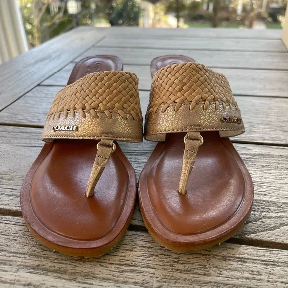 Coach Shaw Leather Raffia Heeled Slide Sandals Womens Size 7 NWOT
