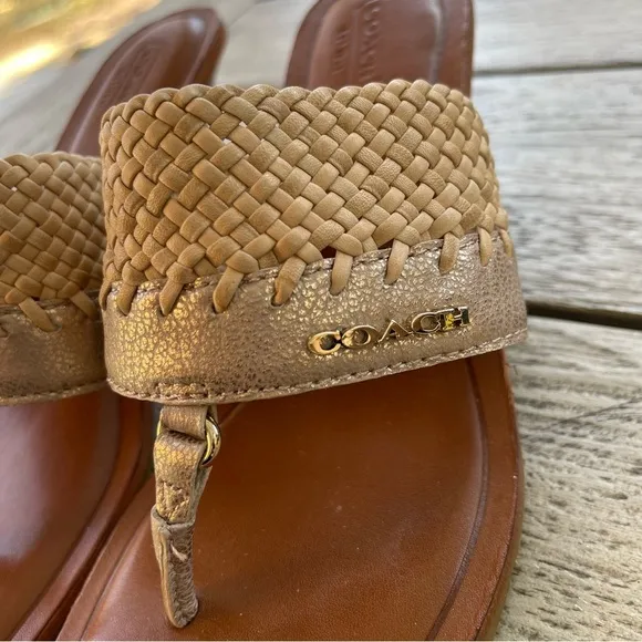 Coach Shaw Leather Raffia Heeled Slide Sandals Womens Size 7 NWOT