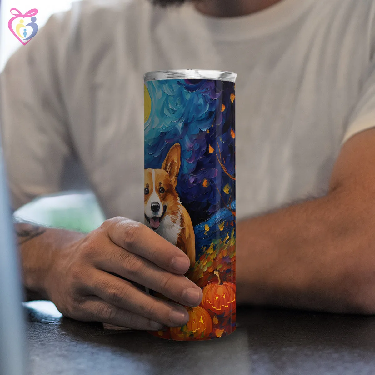 Corgi Halloween With Pumpkin 20oz Skinny Tumbler, Holiday Skinny Tumbler, For Dog Lovers, Vibrant Tumbler, Trending Tumbler
