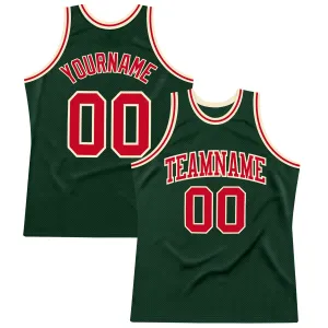 Custom Hunter Green Red-Cream Authentic Throwback Basketball Jersey