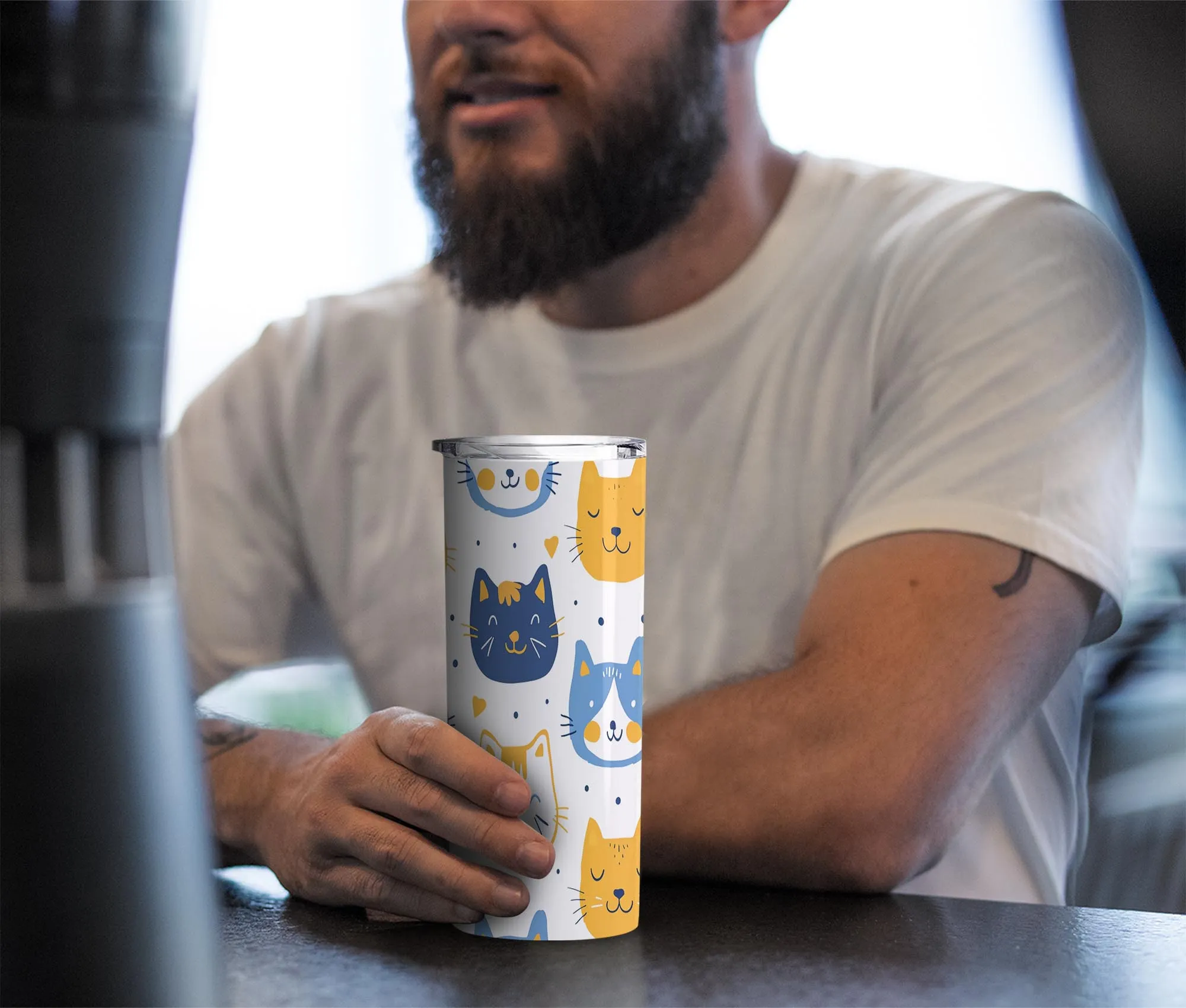 Cute Cat Pattern In Blue 20oz Skinny Tumbler, Holiday Skinny Tumbler, For Cat Lovers, Vibrant Tumbler, Trending Tumbler