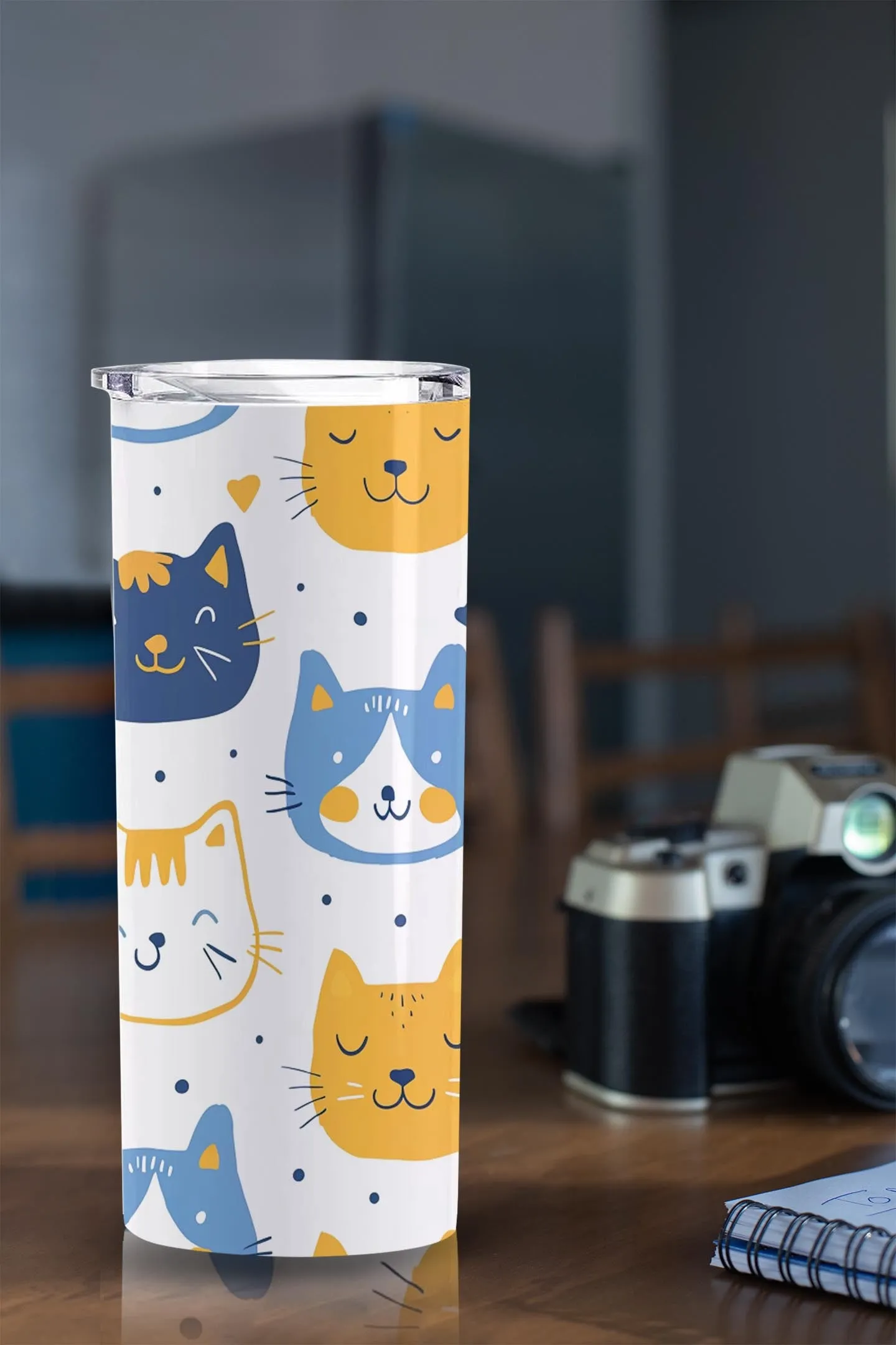 Cute Cat Pattern In Blue 20oz Skinny Tumbler, Holiday Skinny Tumbler, For Cat Lovers, Vibrant Tumbler, Trending Tumbler