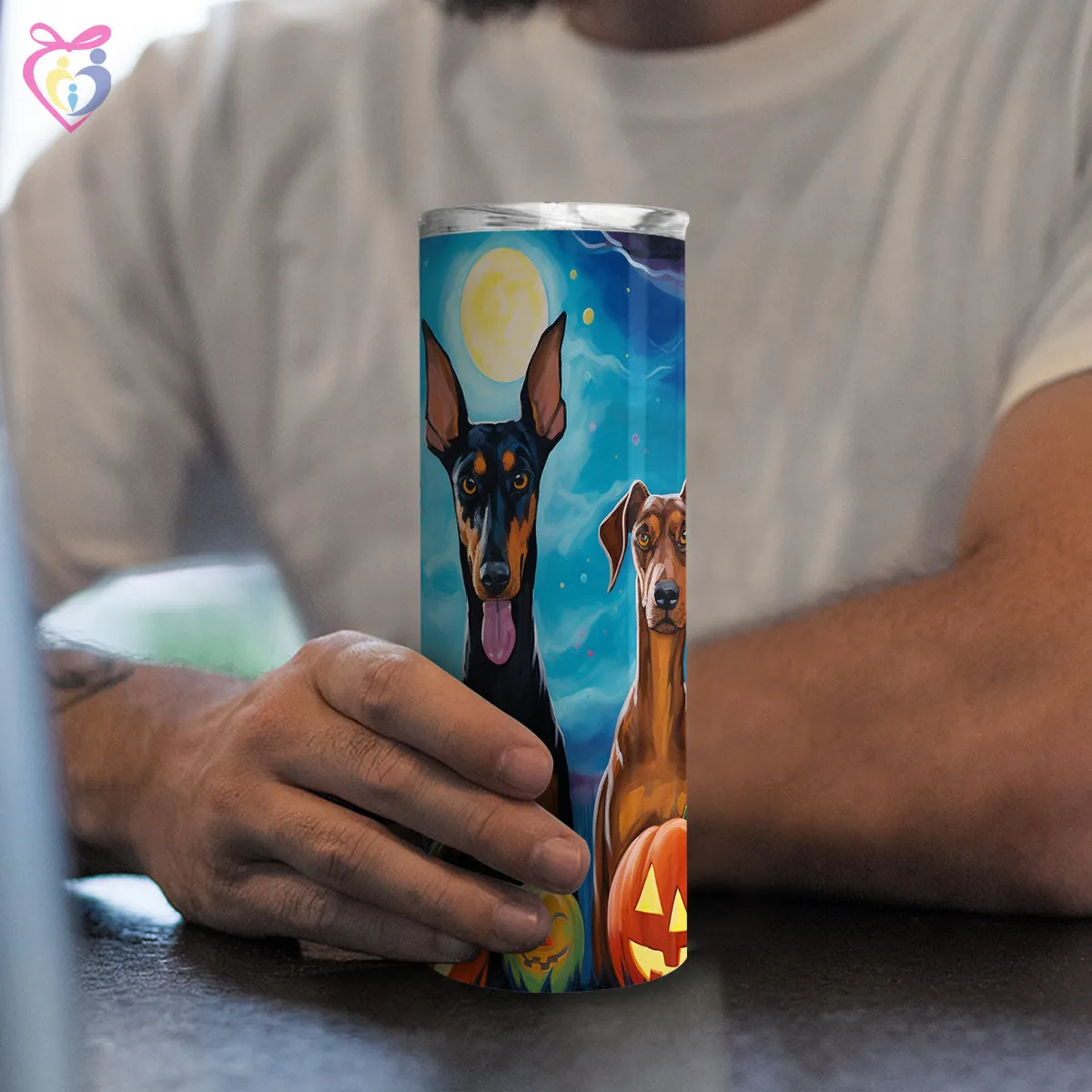 Doberman Pinschers Halloween With Pumpkin 20oz Skinny Tumbler, Holiday Skinny Tumbler, For Dog Lovers, Vibrant Tumbler, Trending Tumbler