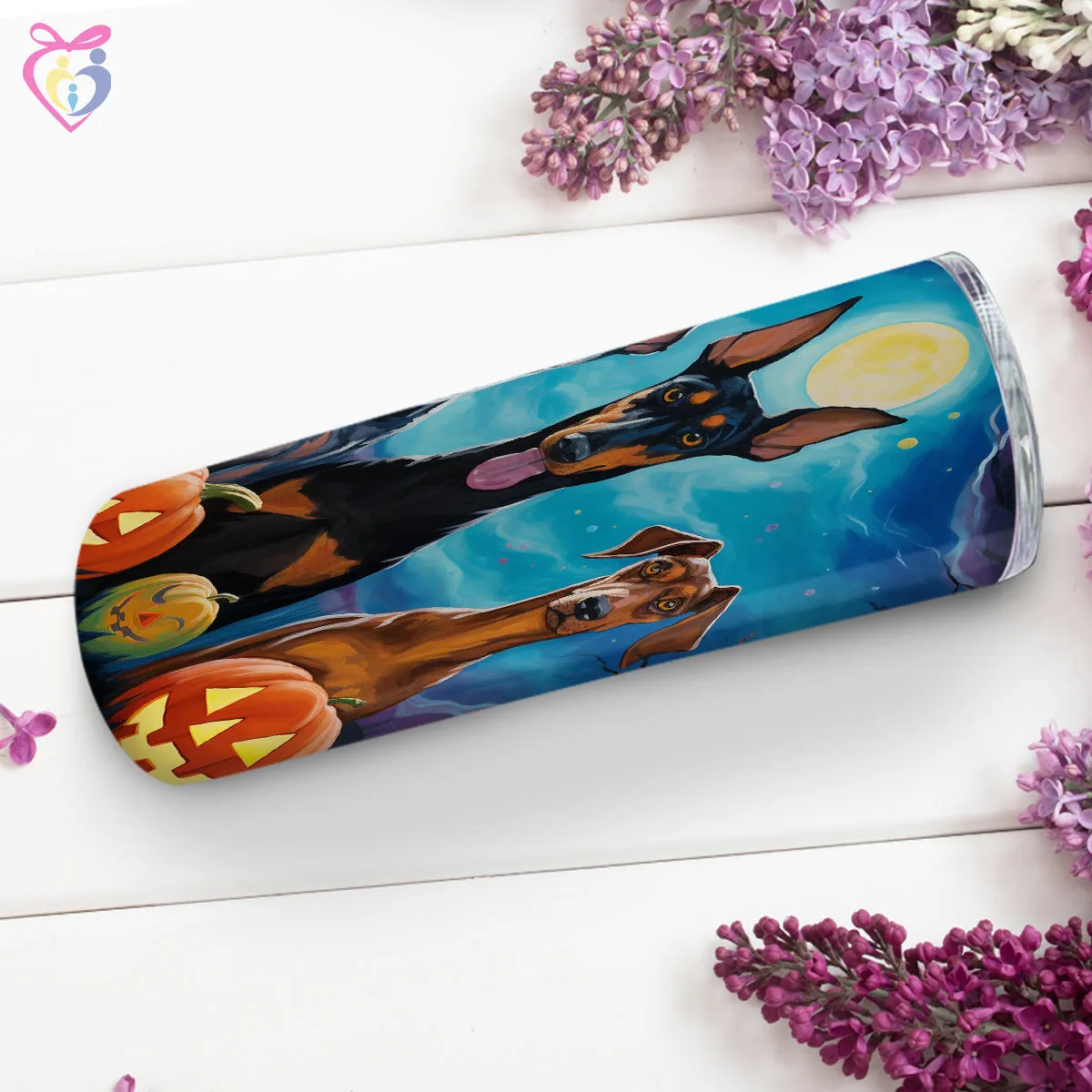 Doberman Pinschers Halloween With Pumpkin 20oz Skinny Tumbler, Holiday Skinny Tumbler, For Dog Lovers, Vibrant Tumbler, Trending Tumbler