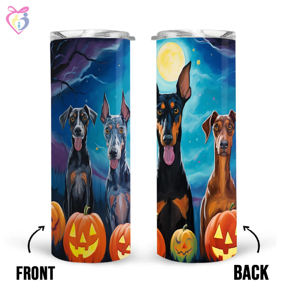 Doberman Pinschers Halloween With Pumpkin 20oz Skinny Tumbler, Holiday Skinny Tumbler, For Dog Lovers, Vibrant Tumbler, Trending Tumbler