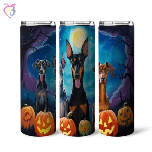 Doberman Pinschers Halloween With Pumpkin 20oz Skinny Tumbler, Holiday Skinny Tumbler, For Dog Lovers, Vibrant Tumbler, Trending Tumbler