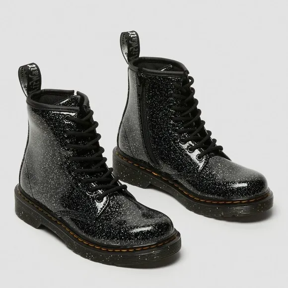 Dr. Martens Junior 1460 Black Cosmic Silver Glitter Lace Up Zipper Boots size 2