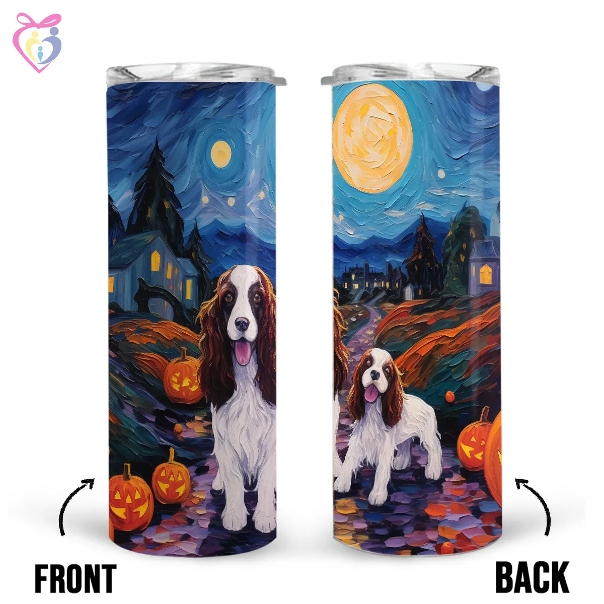 English Springer Spaniels Halloween With Pumpkin 20oz Skinny Tumbler, Holiday Skinny Tumbler, For Dog Lovers, Vibrant Tumbler, Trending Tumbler