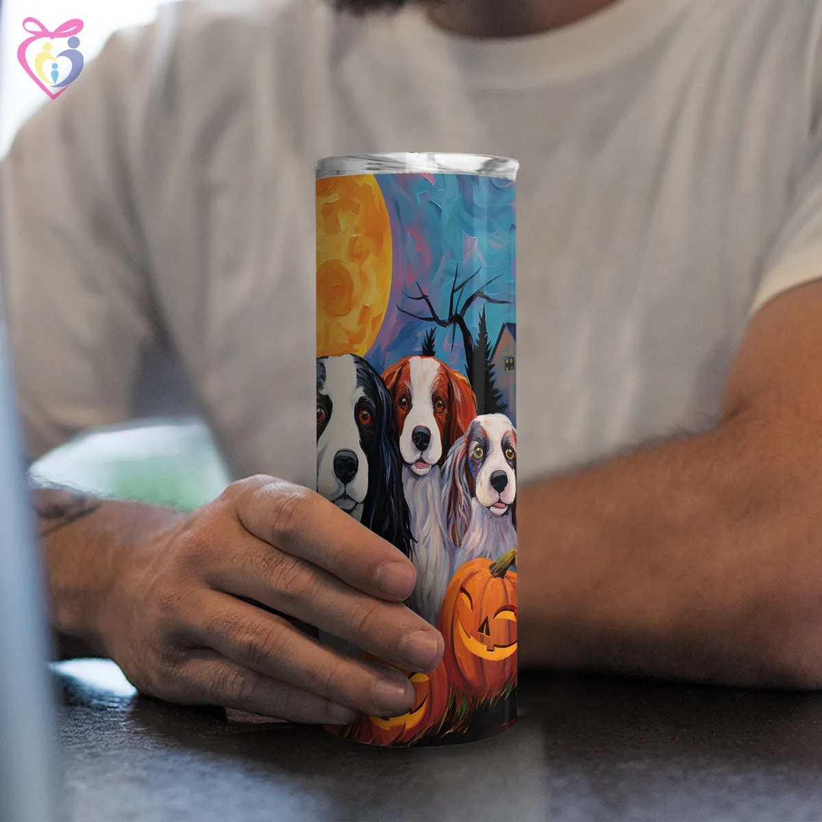 English Springer Spaniels Halloween With Pumpkin 20oz Skinny Tumbler, Holiday Skinny Tumbler, For Dog Lovers, Vibrant Tumbler, Trending Tumbler