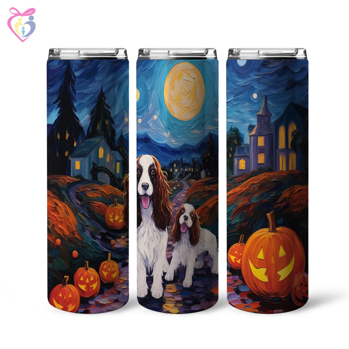 English Springer Spaniels Halloween With Pumpkin 20oz Skinny Tumbler, Holiday Skinny Tumbler, For Dog Lovers, Vibrant Tumbler, Trending Tumbler