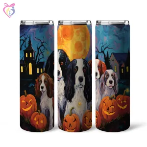 English Springer Spaniels Halloween With Pumpkin 20oz Skinny Tumbler, Holiday Skinny Tumbler, For Dog Lovers, Vibrant Tumbler, Trending Tumbler