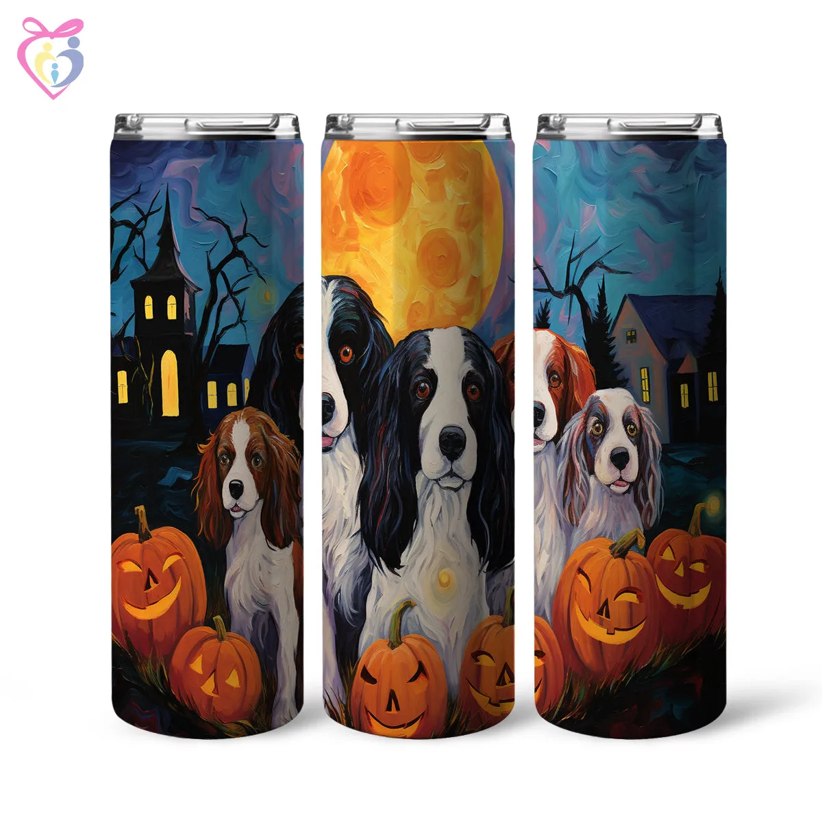 English Springer Spaniels Halloween With Pumpkin 20oz Skinny Tumbler, Holiday Skinny Tumbler, For Dog Lovers, Vibrant Tumbler, Trending Tumbler
